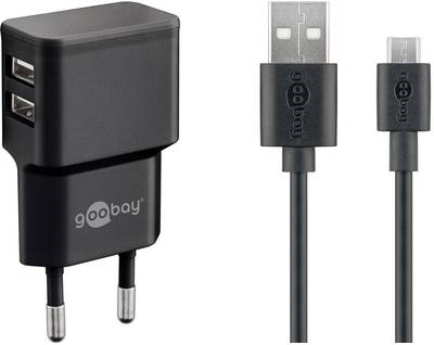 Goobay Micro USB Dual Ladeset 2,4 A, Schwarz, 1 m - Netzteil mit 2x USB-Buchse und Micro USB Kabel (44984)