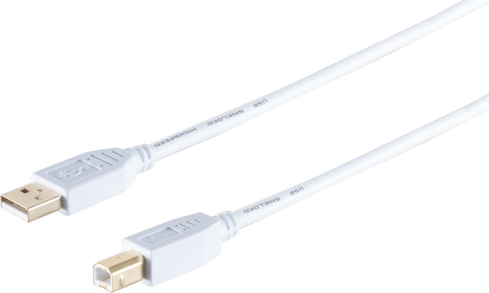 S/CONN maximum connectivity USB High Speed 2.0 Kabel, A/B Stecker, vergoldete Kontakte, USB 2.0, weiß, 3,0m (77023-W)