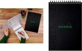 RHODIA Spiralnotizblock GREENPAD, DIN A5+, kariert, schwarz Maße 160 x 210 mm, mit Kopfspirale, Papier 90 g/qm, - 1 Stück (119928C)