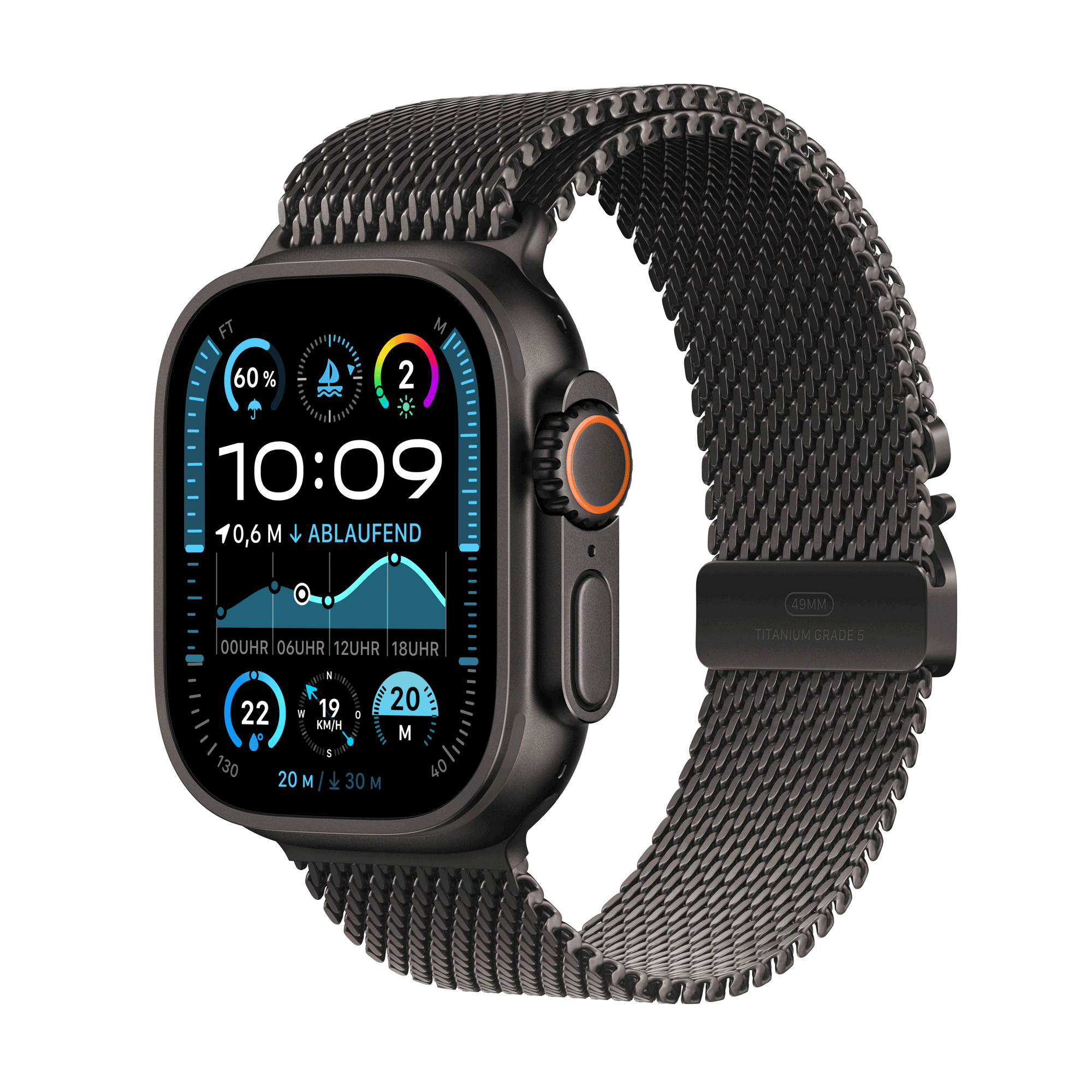 Apple Watch Ultra 2 GPS + Cellular 49mm Black Titanium Case mit Black Titanium Milanese Band - L (MX5V3FD/A)