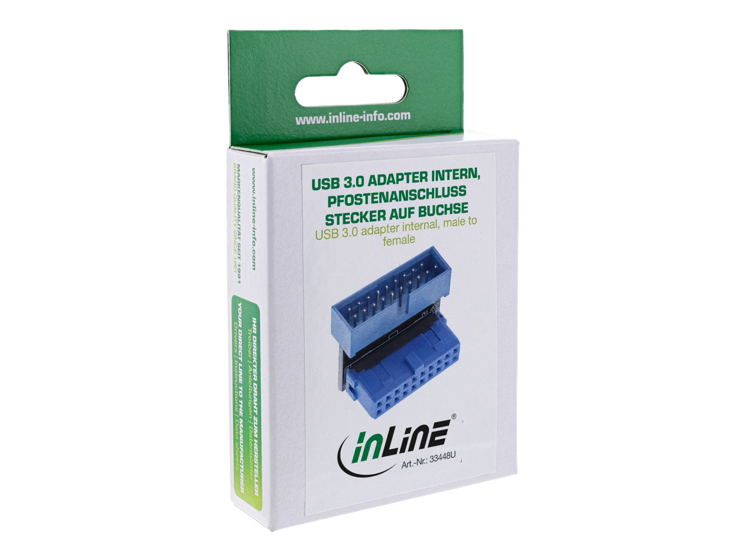 InLine Interner USB 3.0 Adapter 20-polig Pfostenanschluss Stecker auf Buchse nach unten gewinkelt Schwarz, Blau