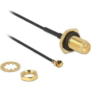 Delock Antennenkabel RP-SMA Buchse zum Einbau zu MHF® I Stecker 1.13 10 cm Gewindelänge 9 mm spritzwassergeschützt (89584)