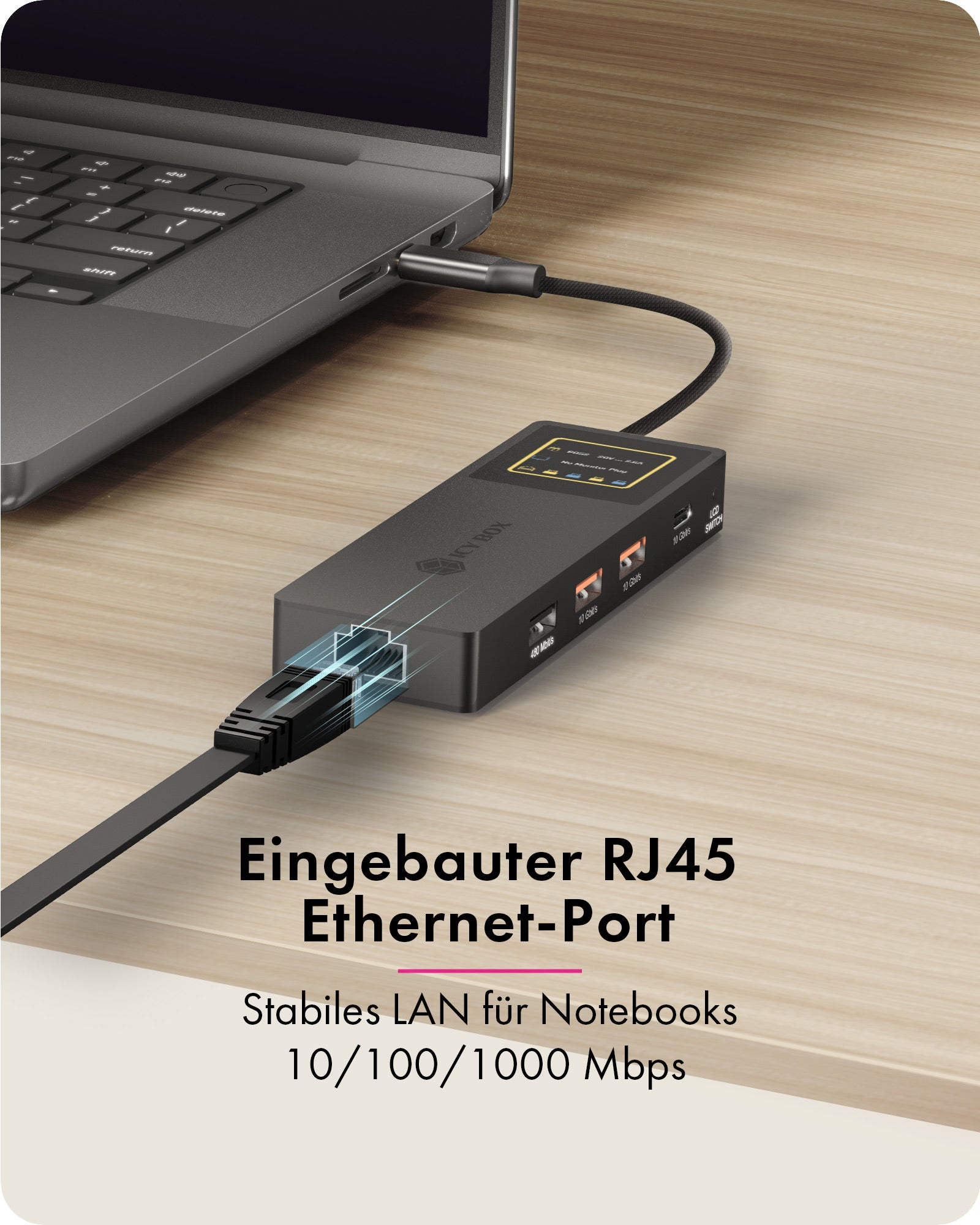 ICY BOX Spade Dock 4038 Dockingstation 7-in-1 USB-C HDMI RJ-45 100 W PD Schwarz