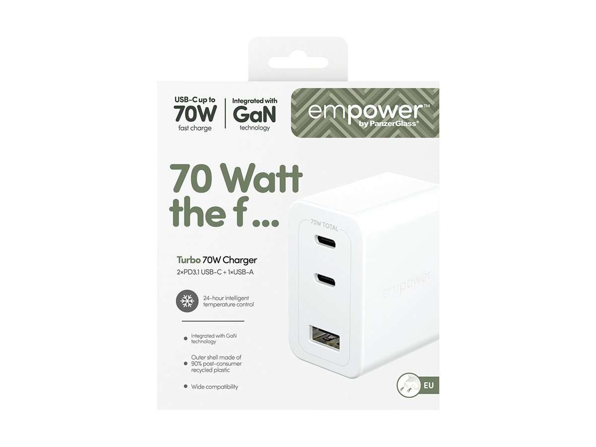 PanzerGlass empower Turbo 70W Netzteil 2x USB-C + USB-A Power Delivery 3.1 Silver White