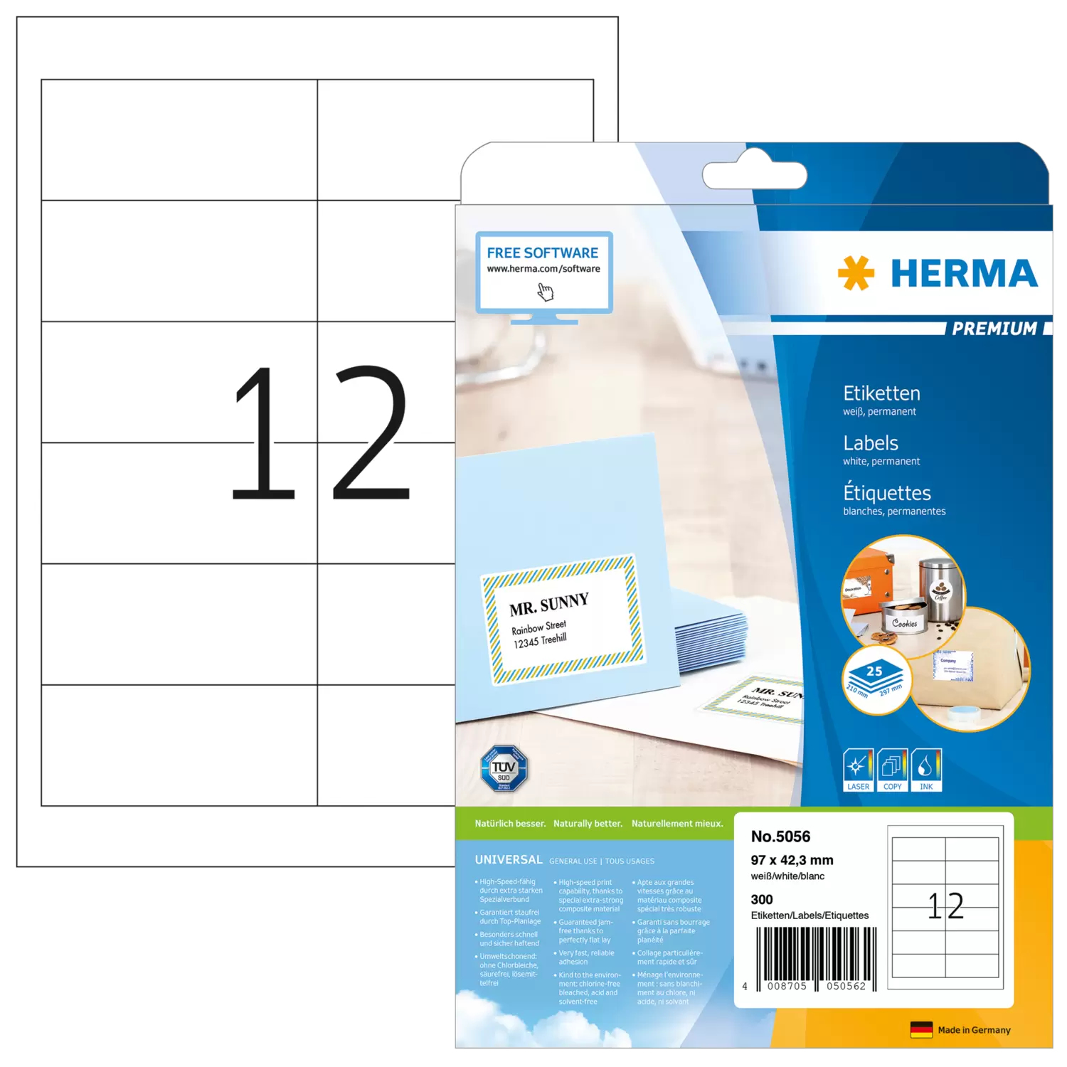 HERMA Premium 5056 Etiketten 97 x 42,3 mm selbstklebend A4 Weiß