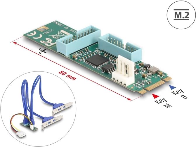 Delock Konverter M.2 Key B+M Stecker zu 4 x USB 5 Gbps Typ-A Buchse mit 50 cm Kabel (61066)