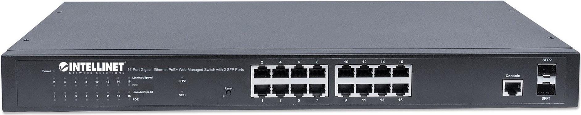 Intellinet 16-Port Gigabit Ethernet PoE+ Web-Managed Switch mit 2 SFP-Ports 374 W Schwarz