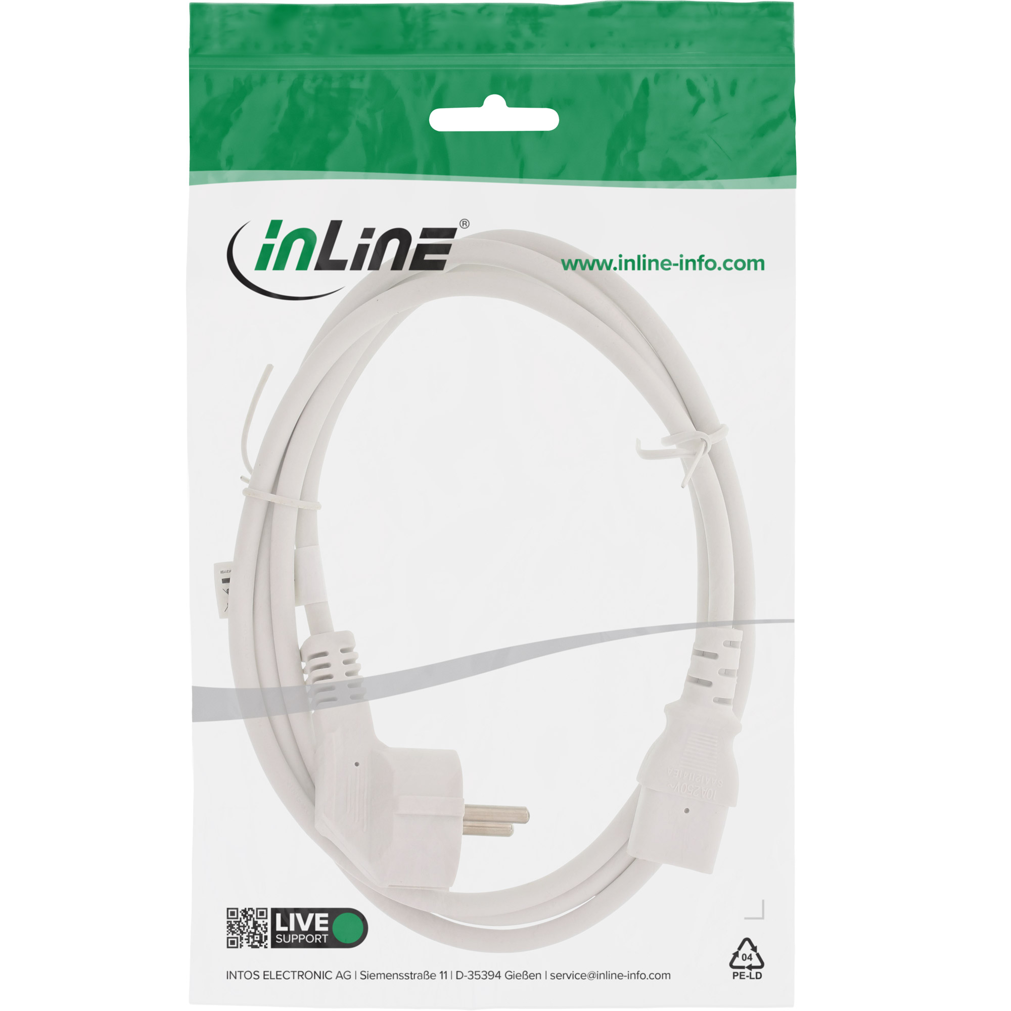 InLine Netzkabel, Schuko gewinkelt auf Kaltgerätestecker C13, 3 m, Weiß