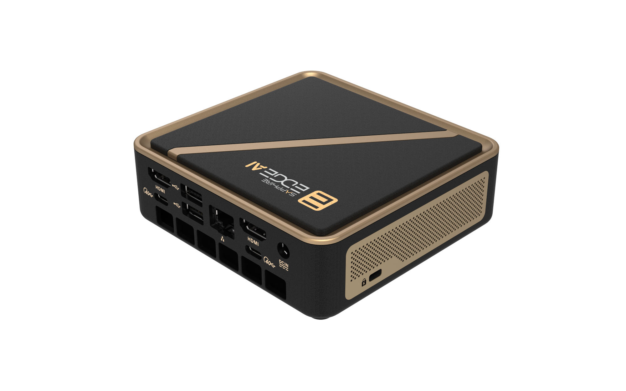 Sapphire EDGE AI 350 Barebone Mini-PC AMD Ryzen AI 7 350 DDR5 SO-DIMM Schwarz/Gold