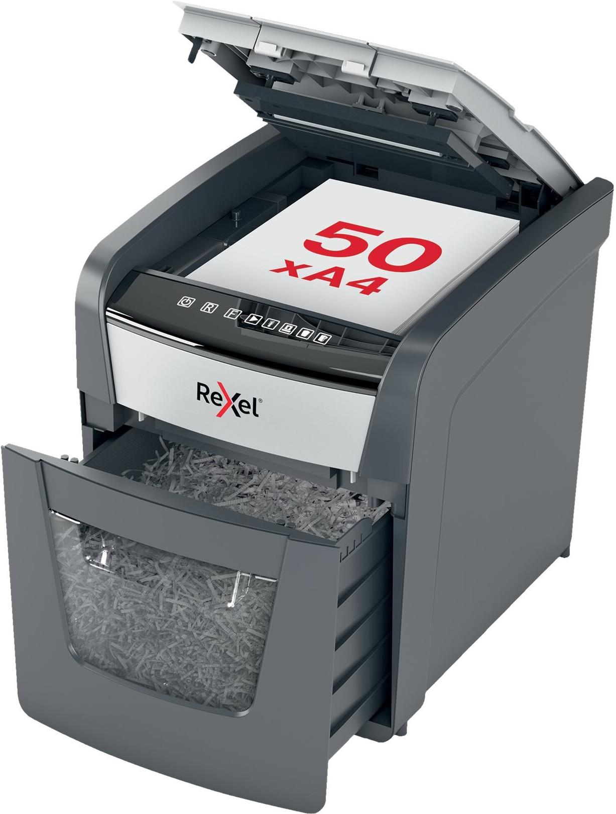 Rexel Optimum AutoFeed+ 50X Aktenvernichter Kreuzschnitt P-4 50 Blatt Schwarz, Grau