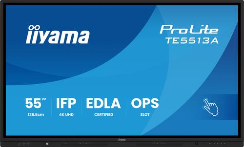 iiyama ProLite TE5513A-B1AG , 138,6cm (54,6''), PureTouch-IR, 4K, USB-C, RS232, Ethernet, USB, schwarz Touchmonitor, Bildschirmdiagonale: 138,6 cm (54,6''), PureTouch-IR, Auflösung: 3840x2160 Pixel, VESA Mount (400x400 mm), Reaktionszeit: 8msms, Helligkeit 450cd, Blickwinkel 178°/178°°(H/V), Kontrast: 1200:1, Antiglare, Anschluß: USB-C, RS232 (9 Polig), Ethernet (10/100/1000Mbit), Audio, Display-Port, HDMI, Intel Quad Core, 1,4 GHz, RAM: 8MB, Flash: 128 MB, USB, HDMI, Netzkabel (EU, UK), QSG, Farbe: schwarz (TE5513A-B1AG)