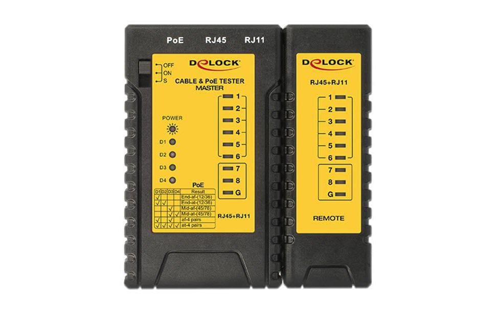 Delock 86107 Netzwerktester RJ45 RJ12 PoE Schwarz Gelb