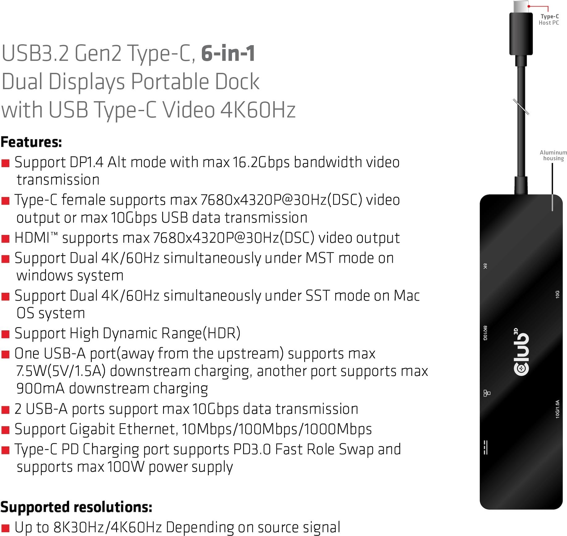 Club 3D CSV-1584 Tragbare USB-C Dockingstation Dual 4K@60Hz 100W Schwarz
