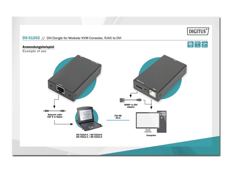 Digitus DS-51202 DVI-Dongle RJ45 auf DVI KVM-Extender USB bis 60 m Schwarz