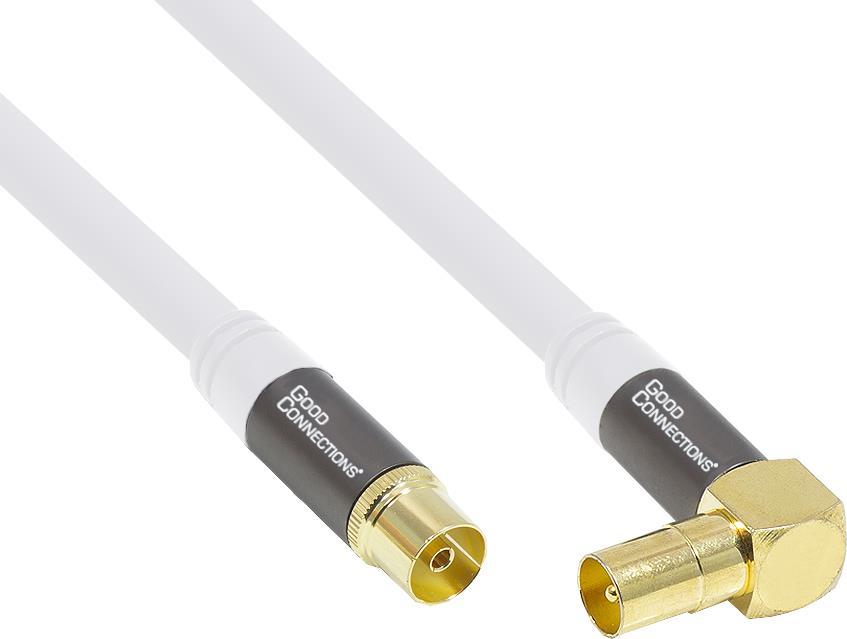 SAT Antennenkabel SmartFLEX, IEC/Koax Stecker abgewinkelt an Buchse, vergoldet, vierfach geschirmt, Schirmmaß 120dB, weiß, 7,5m, Good Connections® (GC-M2066)