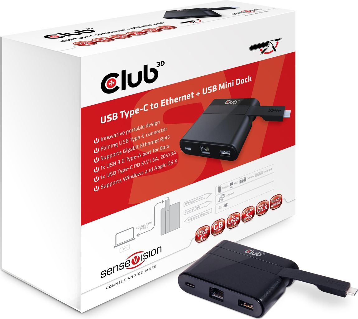Club3D SenseVision USB Type-C to Ethernet + USB 3.0 + USB Type-C Charging Mini Dock (CSV-1530)
