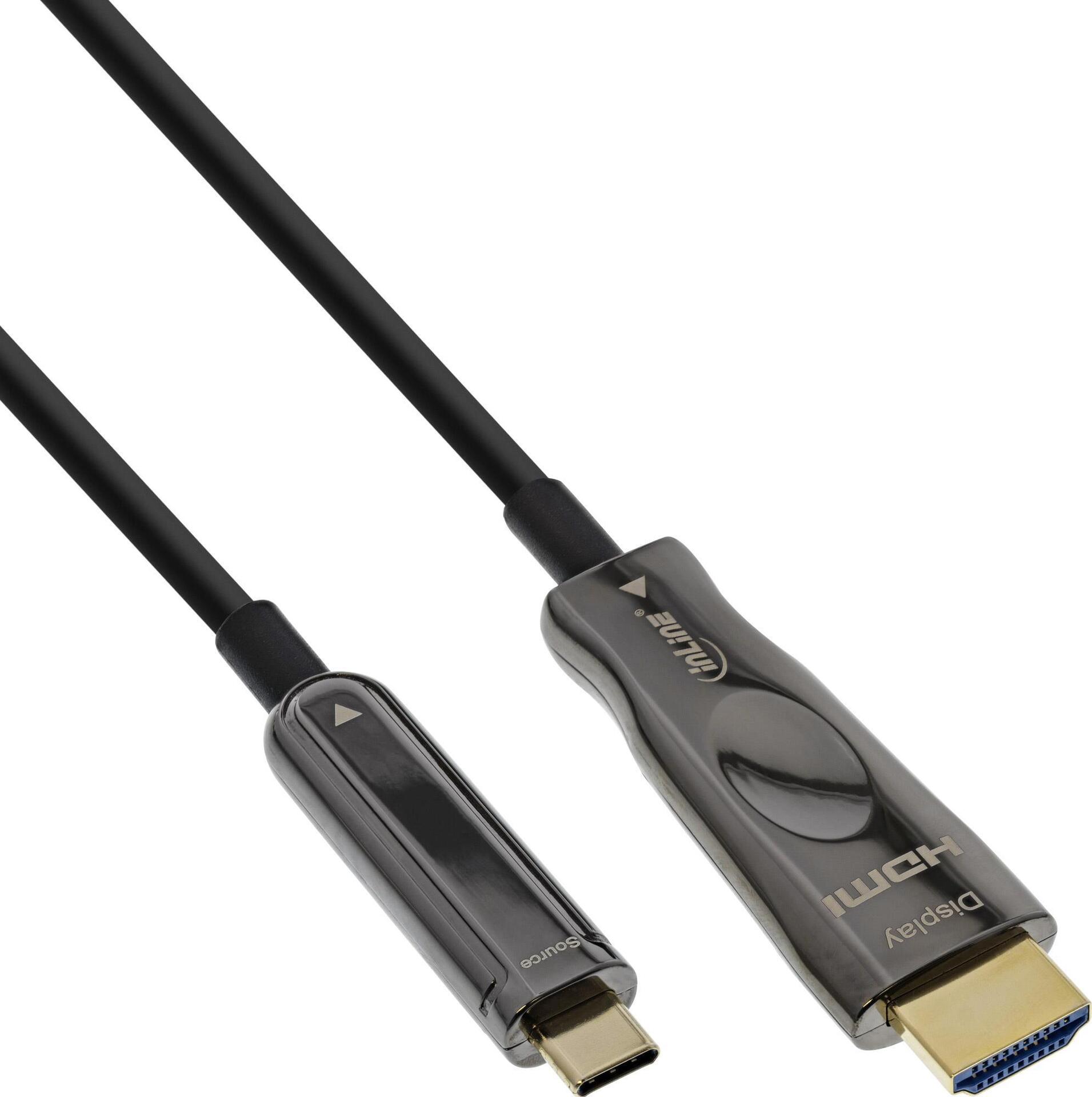 INLINE - Adapterkabel - USB-C männlich bis HDMI männlich - 50 m - Hybrid Kupfer/Kohlefaser - Schwarz - rund, Active Optical Cable (AOC), unterstützt 4K 60 Hz (3840 x 2160), unterstützt 4K 60 Hz (4096 x 2160)