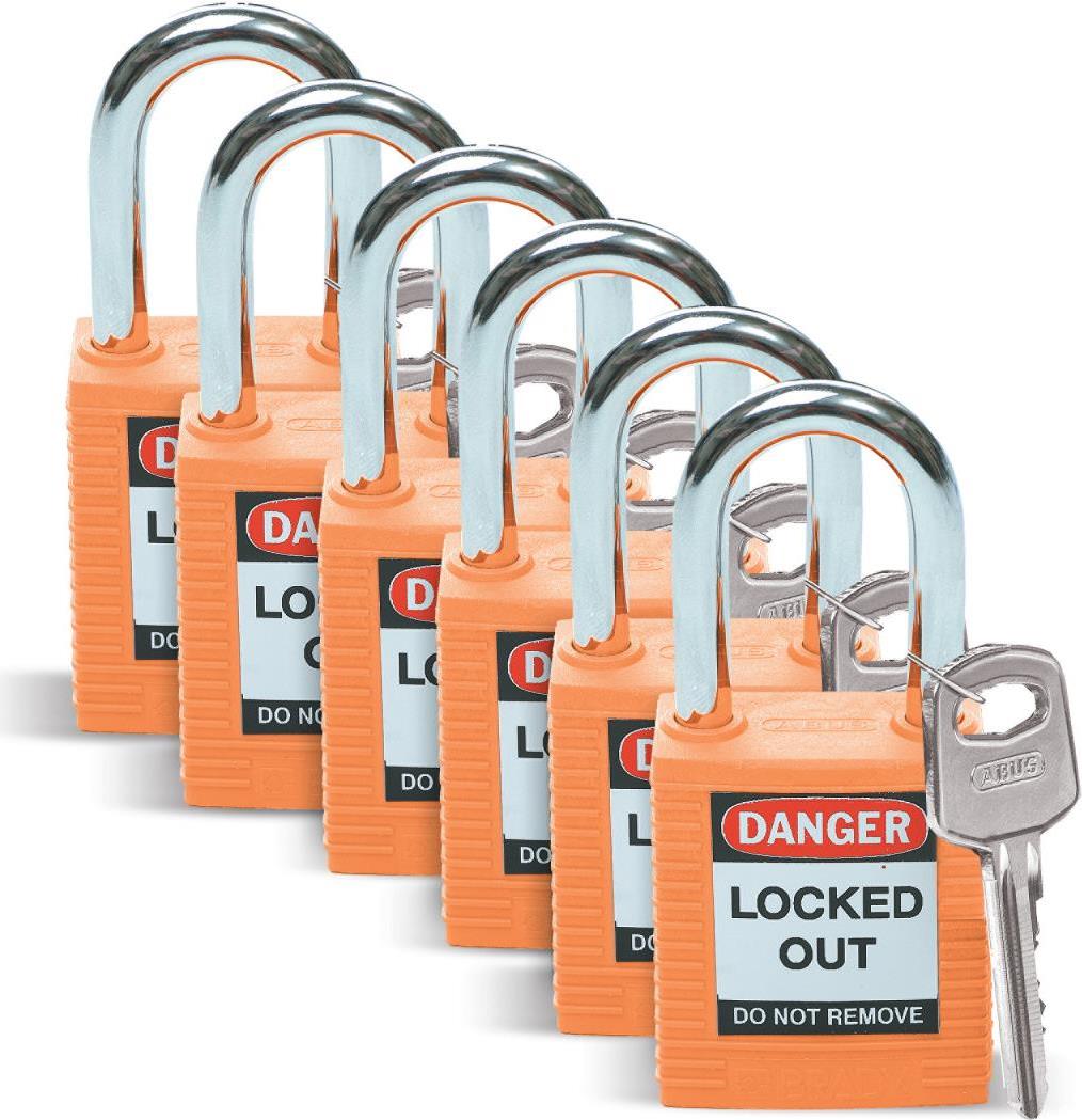 Brady, Sicherheitsschloss mit Stahlbügel, Orange, 38mm Bügelhöhe, 6,5mm Bügeldurchmesser (Keyed Different) ( 6er Pack) (051347)