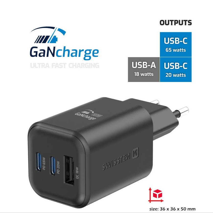SWISSTEN TRAVEL CHARGER GaN 2x USB-C 65W PD + 1x USB-A 18W QC BLACK (22071410)