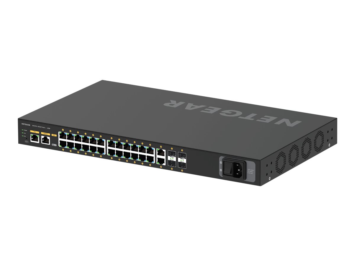 Netgear AV Line M4250-26G4F-PoE+ Managed Gigabit Switch, 26x RJ-45, 4x SFP, 300 W PoE+, Schwarz