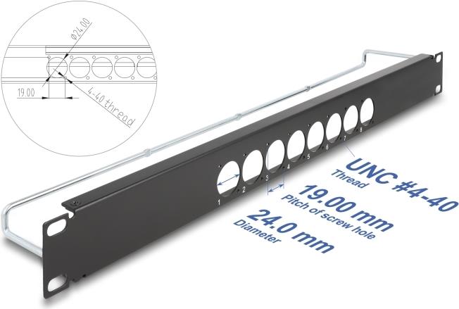 Delock 19" D-Typ Patchpanel mit Entlastungsschiene 8 Port mittig 1 HE schwarz (67060)