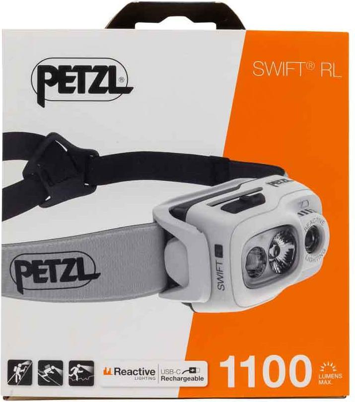 Petzl SWIFT RL. Taschenlampen Typ: Stirnband-Taschenlampe, Produktfarbe: Schwarz, Weiß, Steuerung: Tasten. Zertifizierung: CE, UKCA. Lampentyp: LED, Lichtleistung: 1100 lm, Lichtstrahl-Entfernung (max.): 155 m. Aufladequelle: USB, Akku-/Batterietyp: Integrierte Batterie, Akku-/Batterietechnologie: Lithium-Ion (Li-Ion). Gewicht: 100 g (E095BB02)