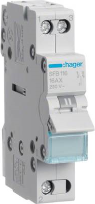 Hager SFB116. AC Eingangsfrequenz: 50/60, Nominale Stromabgabe: 16 A. Produktfarbe: Blau, Grau. Breite: 17,5 mm, Tiefe: 70 mm, Höhe: 83 mm (SFB116)