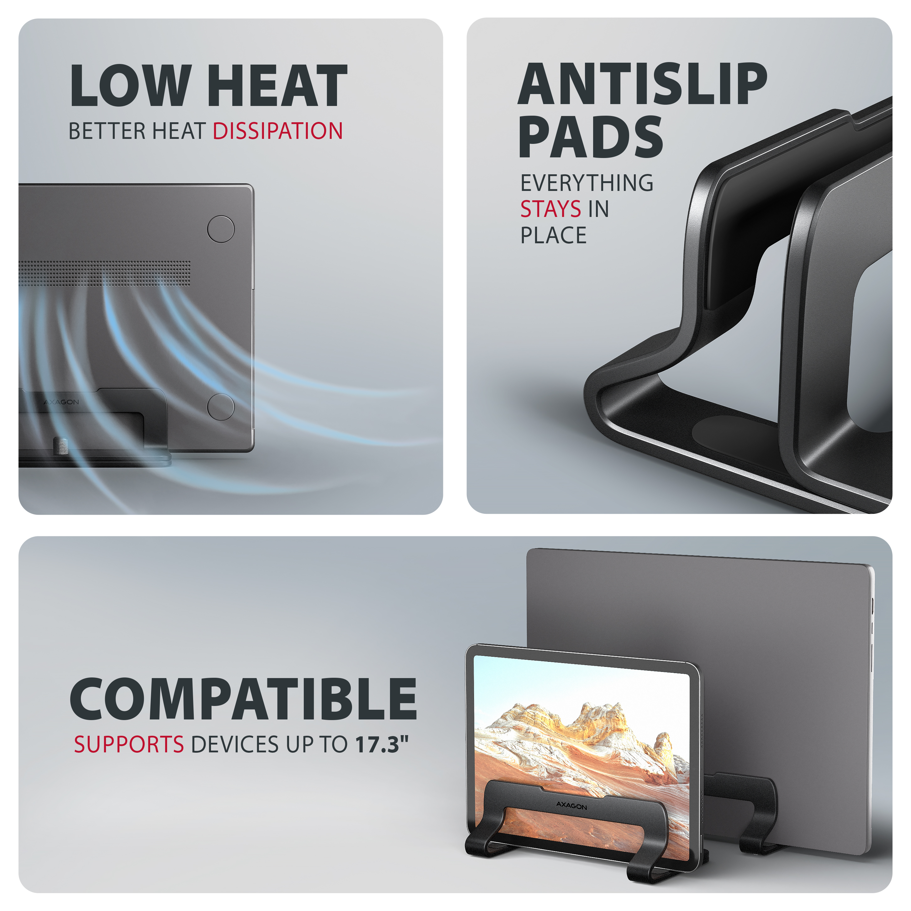 AXAGON STND-VB Vertikaler Laptop-Ständer Aluminium einstellbare Breite 10"–17.3" Schwarz