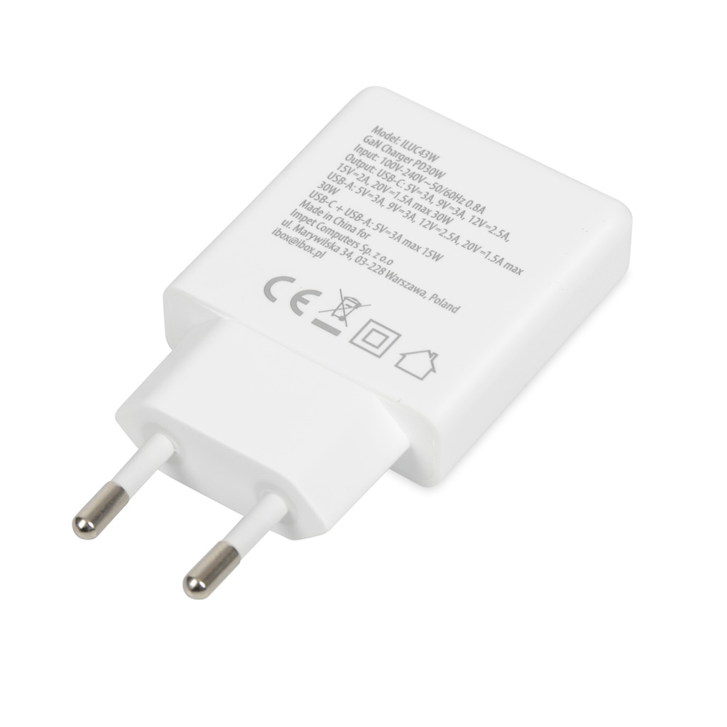 iBOX C-43 Slim GaN Netzladegerät 30 W Power Delivery USB-C USB-A Weiß