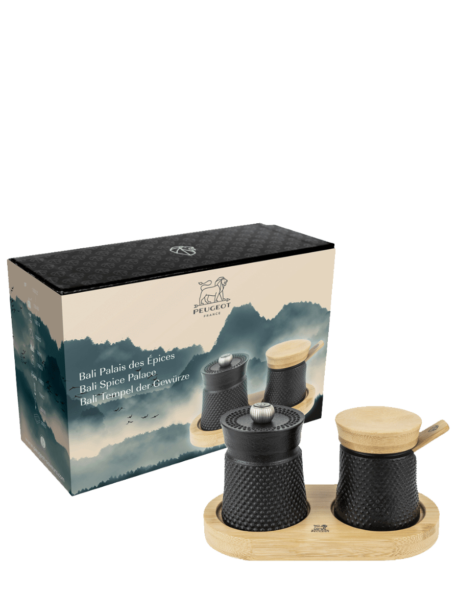 Peugeot Saveurs Bali Fonte Pfeffermühle Salzstreuer + Tablett 8 cm Schwarz
