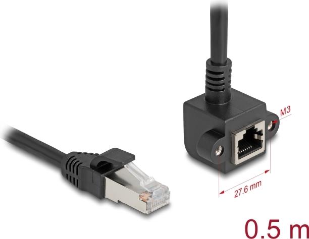 Delock Netzwerk Verlängerungskabel RJ45 Stecker zu RJ45 Buchse 90° gewinkelt Cat.6 F/UTP 0,5 m schwarz (81041)