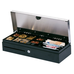 Metapace K-3 V.2, silber/schwarz Kassenlade, Klappdeckel, Maße (BxHxT): 460x100x170mm, 6 Scheinfächer (vertikal), 8 Münzfächer, 3 pos. Schloss, unterschiedliche Schließung, Anschluss an Kassendrucker, RJ12, Farbe: silber/schwarz (CD-JTK3-M24-861-SF-9005)