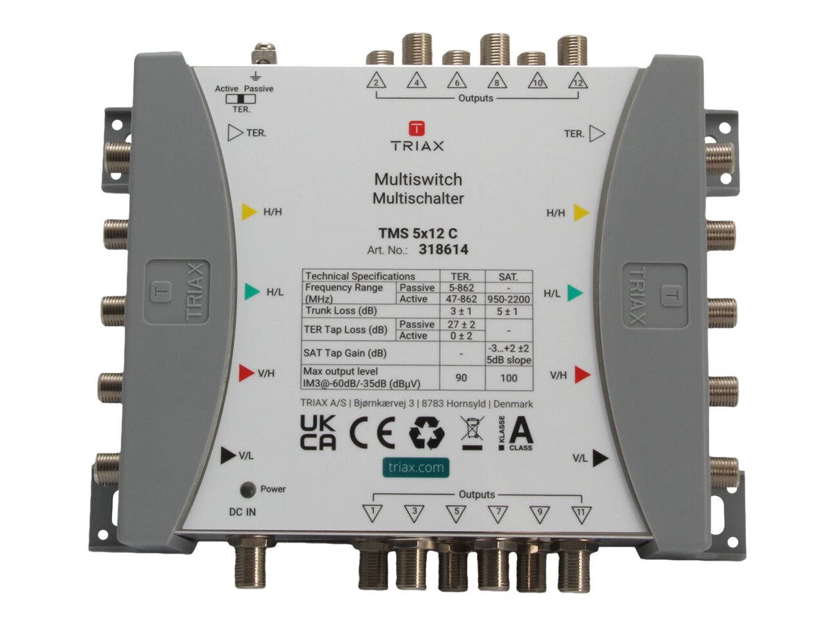 Triax TMS 5x12 C Kaskaden-Multischalter 4 SAT + 1 terrestrisch, 12 Ausgänge, Grau