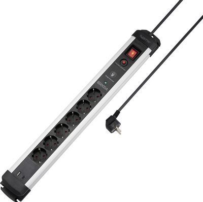 Sygonix SY-6805674 Überspannungsschutz-Steckdosenleiste 6fach Schwarz, Silver Schutzkontakt 1 St. (SY-6805674)
