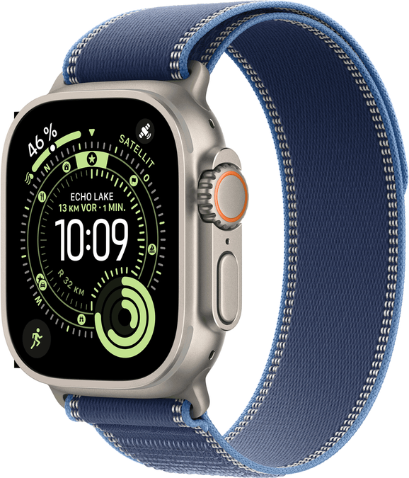 Apple Watch Ultra 3 GPS + Cellular 49mm Natural Titanium Case with Blue/Bright Blue Trail Loop - M/L1 (EU) (MEWU4QI/A) (geöffnet)