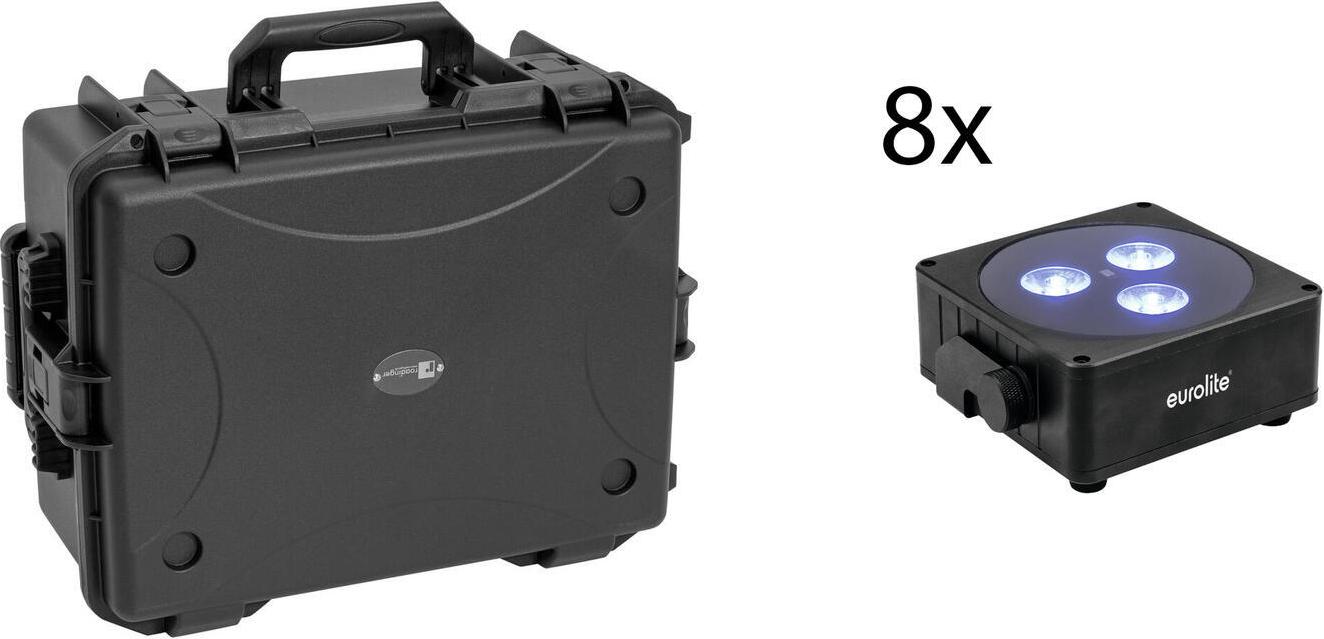 EUROLITE Set 8x AKKU Flat Light 3 sw + Kunststoffcase mit Trolley RGBW LED QuickDMX