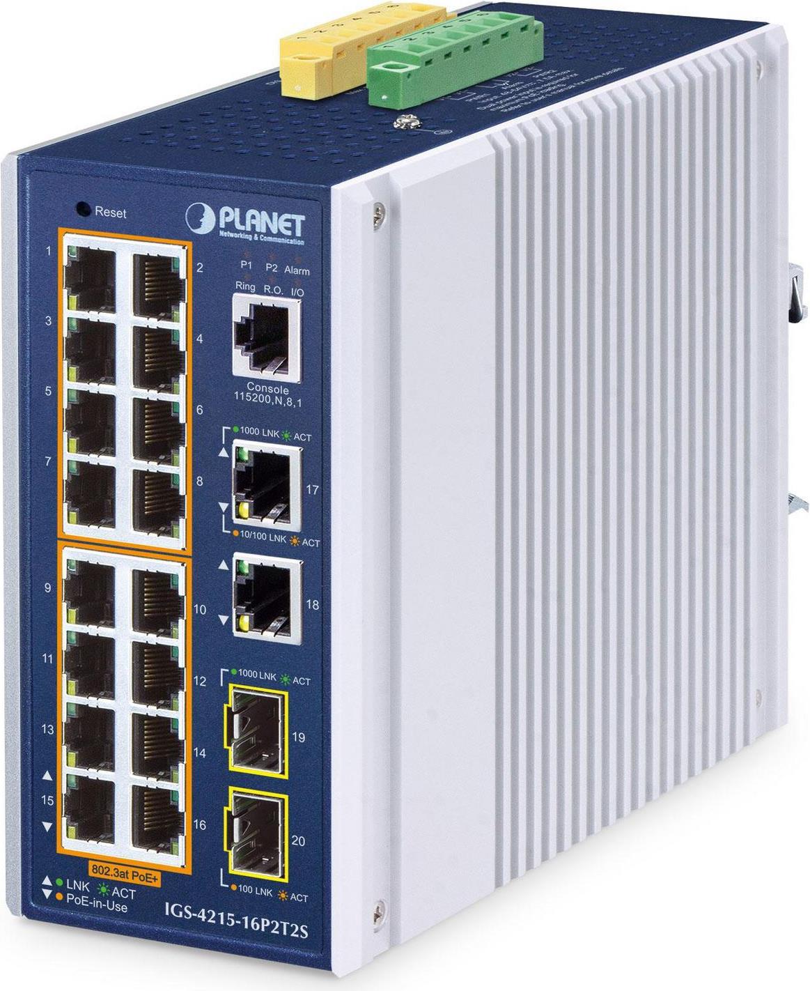 PLANET IP30 Industrial L2/L4 16-Port Managed L2/L4 Gigabit Ethernet (10/100/1000) Power over Ethernet (PoE) Aluminium - Blau (IGS-4215-16P2T2S)