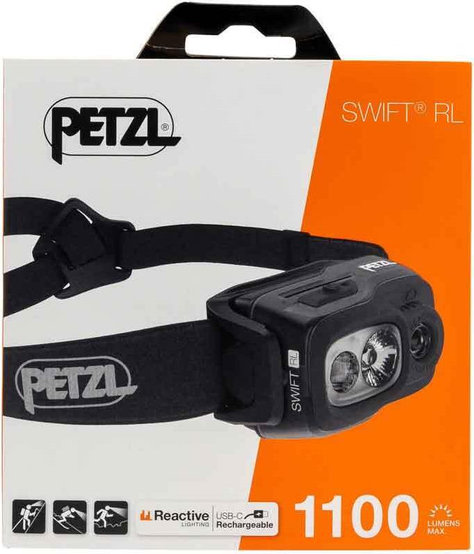 Petzl SWIFT RL. Taschenlampen Typ: Stirnband-Taschenlampe, Produktfarbe: Schwarz, Weiß, Steuerung: Tasten. Zertifizierung: CE, UKCA. Lampentyp: LED, Lichtleistung: 1100 lm, Lichtstrahl-Entfernung (max.): 155 m. Aufladequelle: USB, Akku-/Batterietyp: Integrierte Batterie, Akku-/Batterietechnologie: Lithium-Ion (Li-Ion). Gewicht: 100 g (E095BB00)