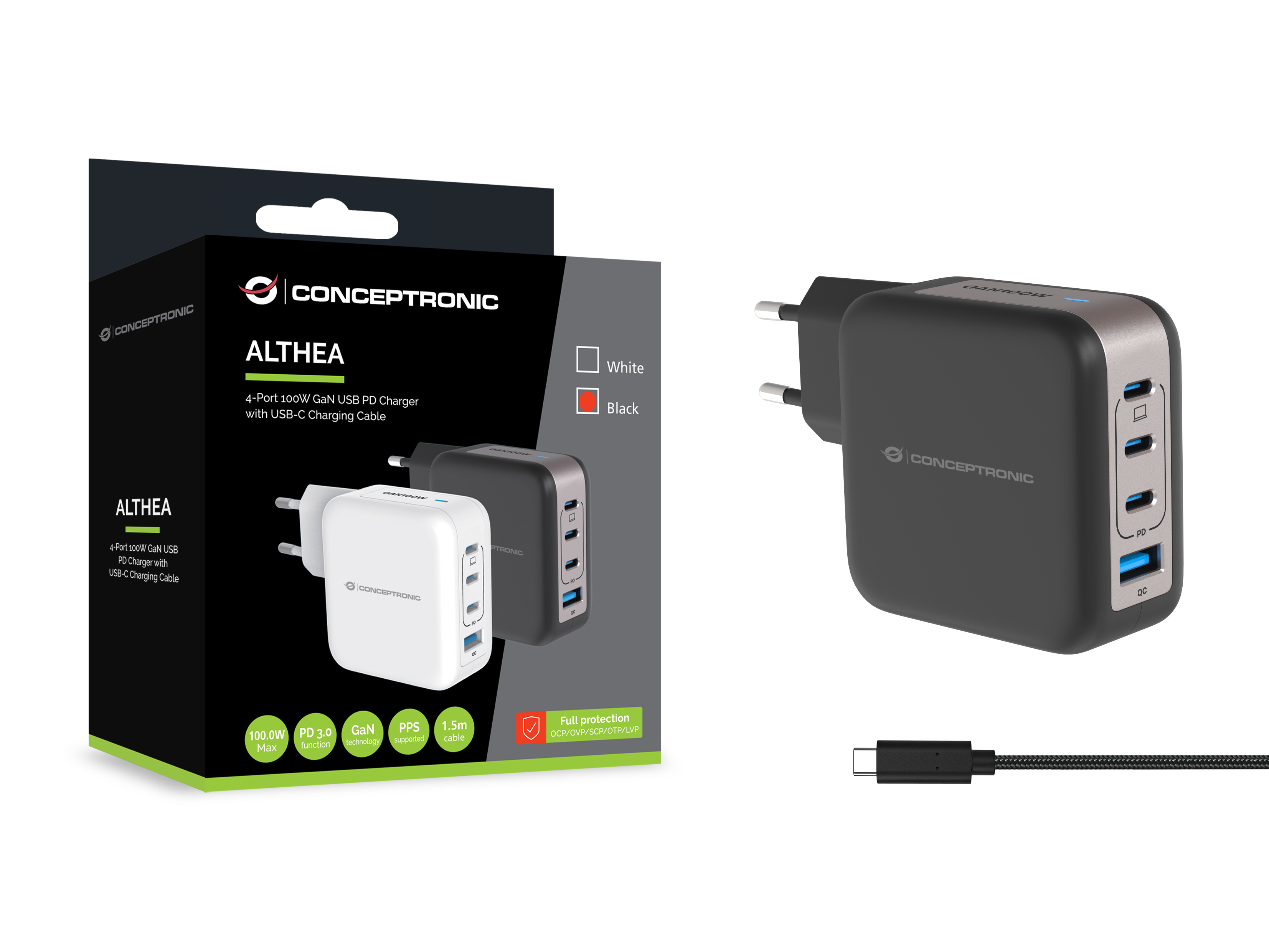 Conceptronic ALTHEA18B 4-Port 100W GaN USB-C Schnellladegerät Schwarz