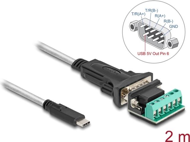 Delock Adapter USB 2.0 Type-C zu 1 x Seriell RS-422/485 Stecker mit 6 Pin Terminalblock 5 V (64270)