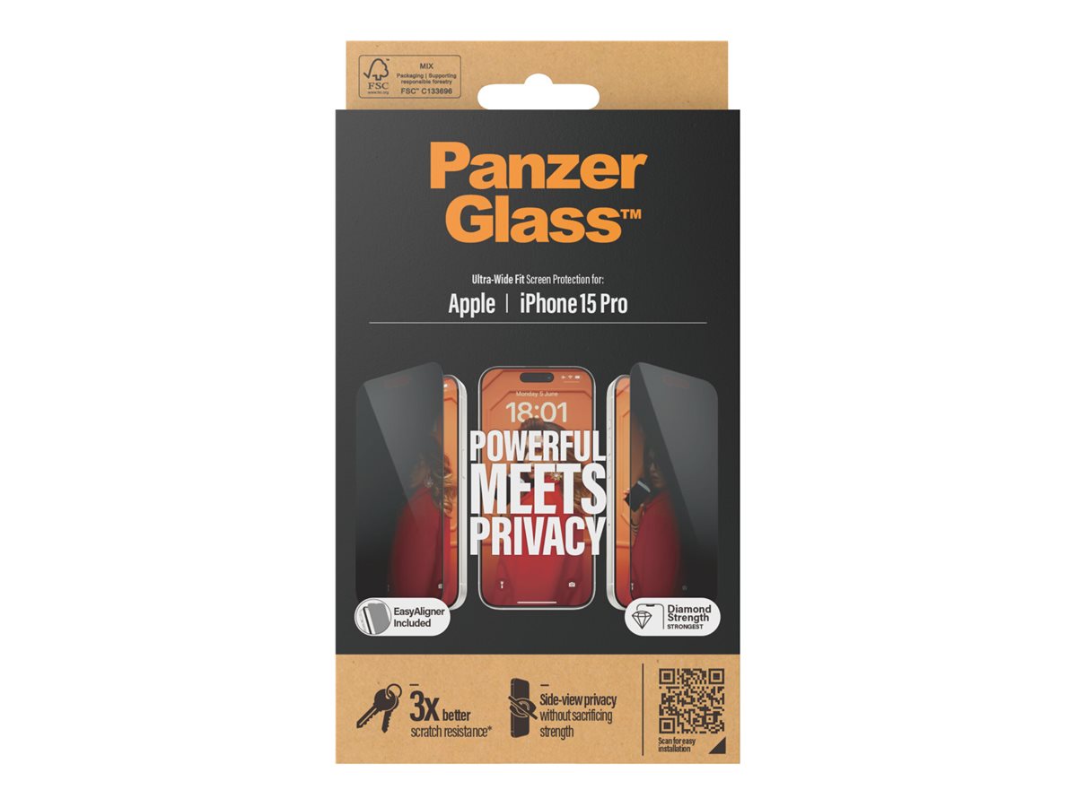 PanzerGlass Privacy Displayschutz iPhone 15 Pro 6,1" Ultra-Wide Fit mit EasyAligner Schwarz, Transparent