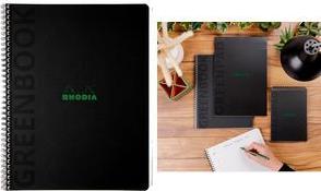 RHODIA Collegeblock GREENBOOK, DIN A4+, liniert, schwarz Umschlag aus flexiblem, recycelbarem Recyclingkarton - 1 Stück (119933C)