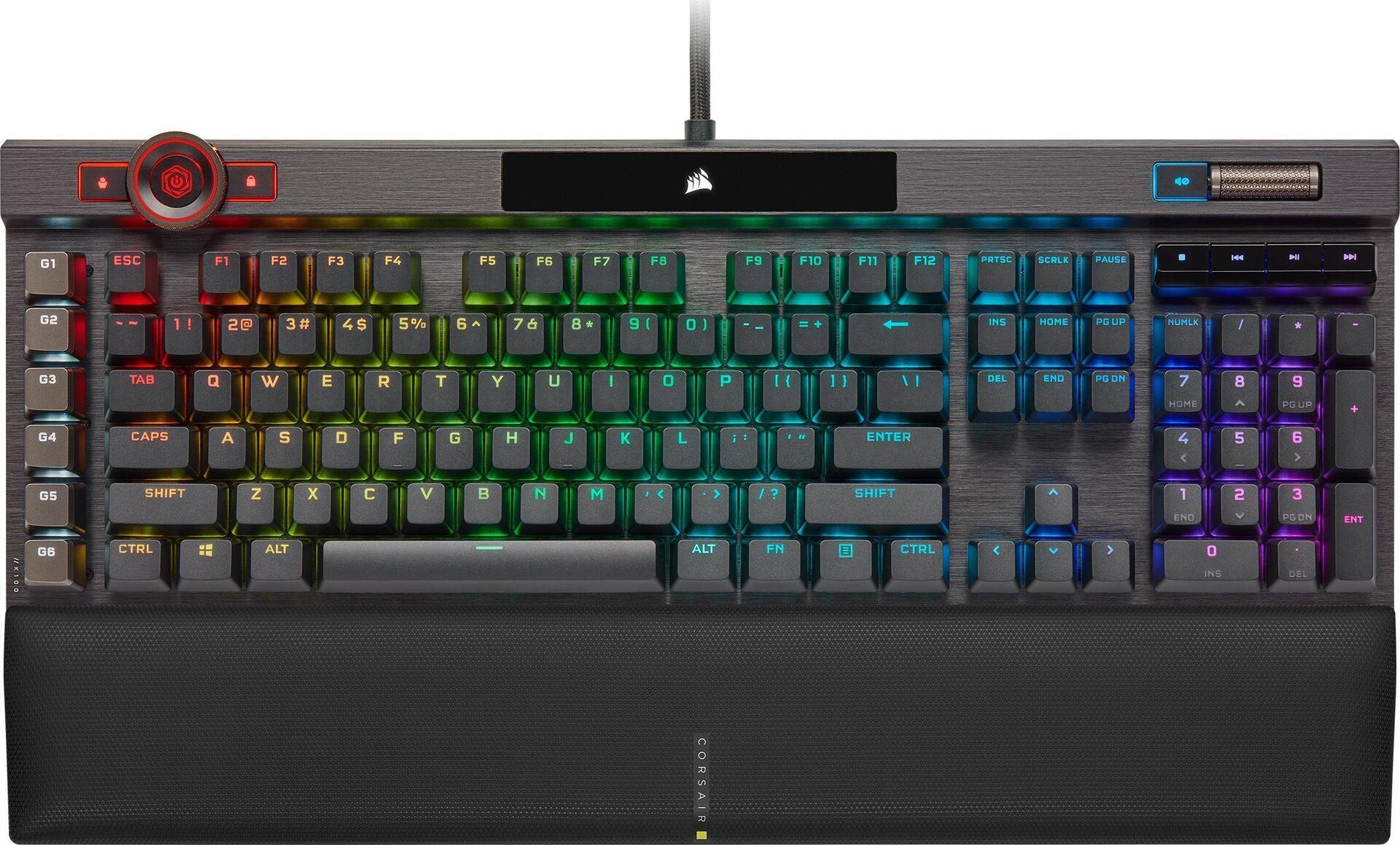 Optische mechanische Gaming-Tastatur CORSAIR K100 RGB mit RGB-LED-Beleuchtung CORSAIR OPX RAPIDFIRE schwarze PBT-Tastenkappen (CH-912A01A-NA)