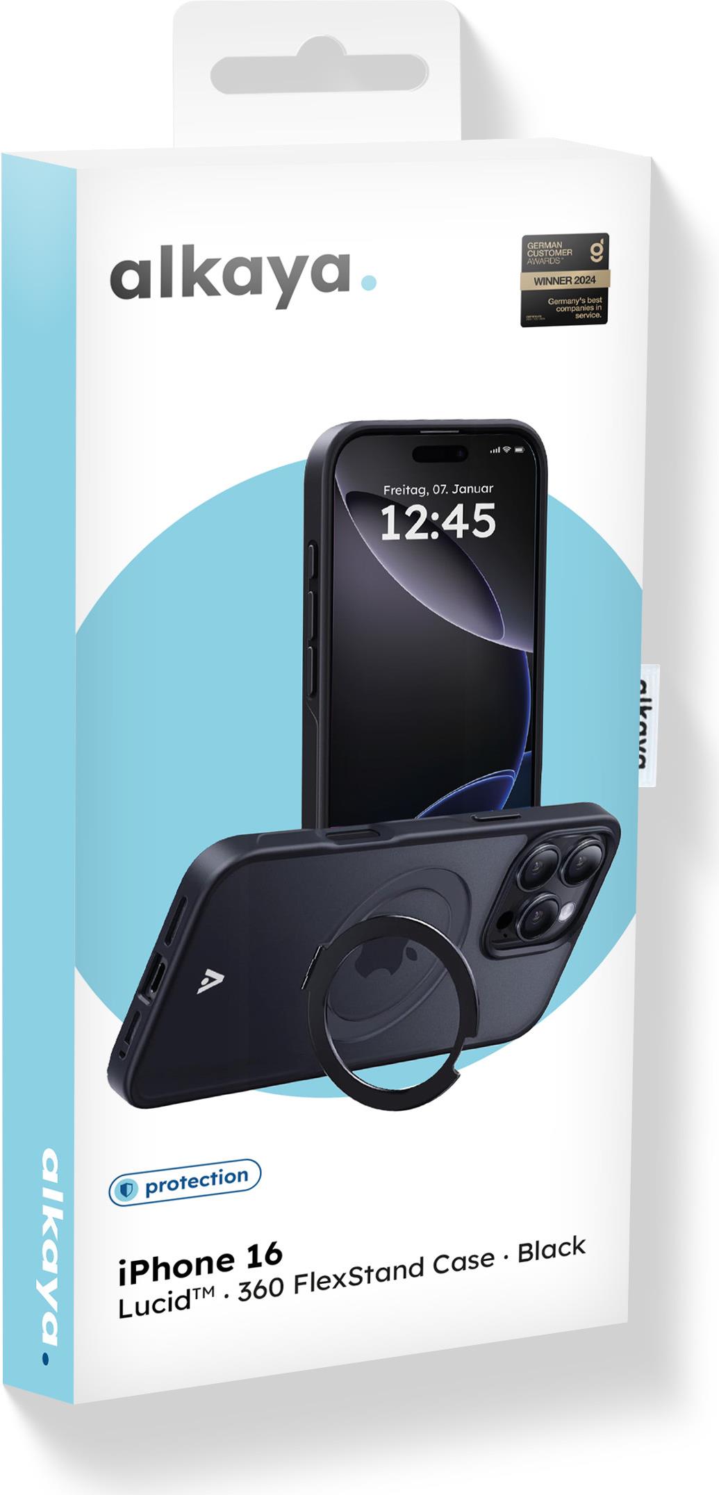 alkaya Lucid 360 FlexStand Case mit Magsafe für iPhone 16 schwarz (CS-20226)