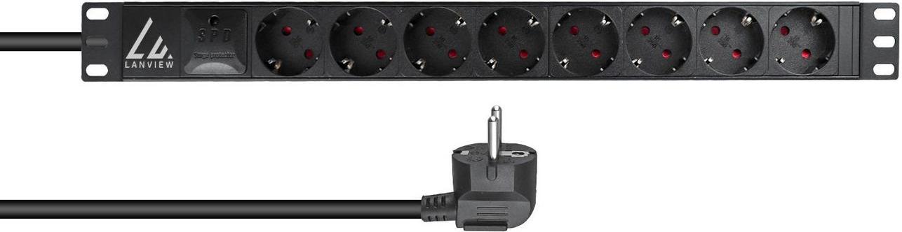 Lanview 19" Rack mount power strip, with hot swap surge protector device, 2m cable with Schuko plug (LVR-2MSCH-SPD-SCH8)