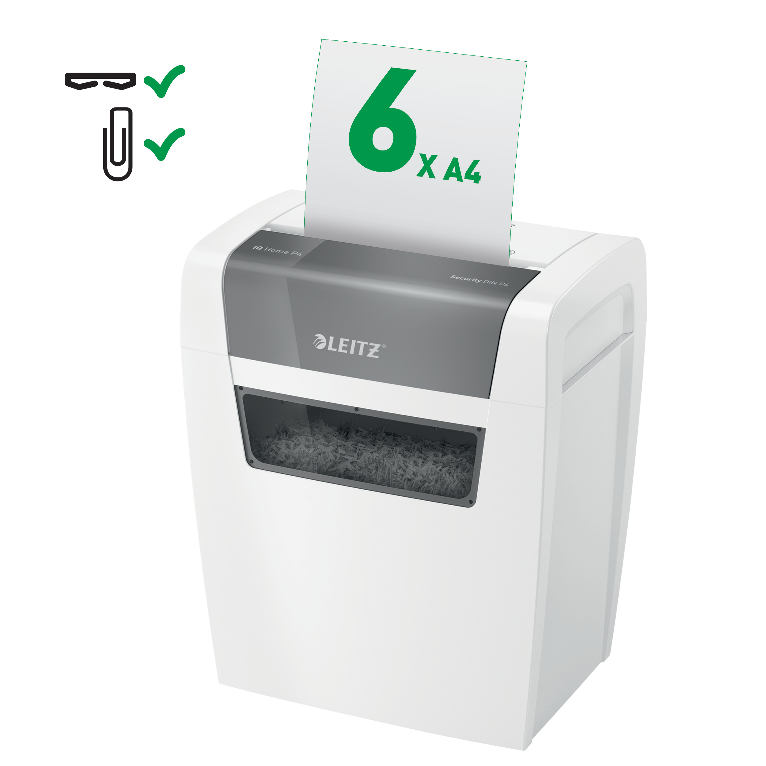 Leitz IQ Home P4 Aktenvernichter Partikelschnitt P-4 6 Blätter 15 l Weiß