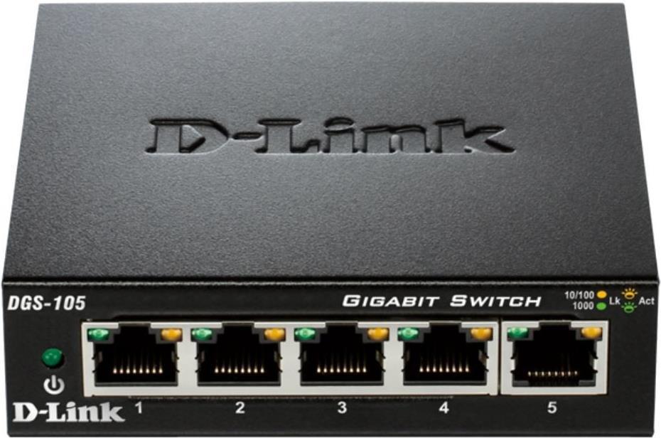 D-Link DGS-105 Gigabit Ethernet Switch 5-Port 10/100/1000 Desktop Schwarz