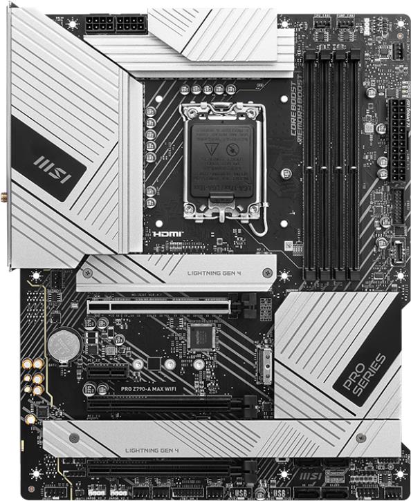 MSI PRO Z790-A MAX WIFI. Prozessorhersteller: Intel, Prozessorsockel: LGA 1700, Kompatible Prozessoren: Intel® Celeron®, Intel® Pentium®, Intel® Pentium® Gold. Unterstützte Arbeitsspeicher: DDR5-SDRAM, RAM-Speicher maximal: 128 GB, Speicherkanäle: Zweikanalig. Unterstützte Speicherlaufwerk-Schnittstellen: M.2, PCI Express, Unterstützte Speicherlaufwerke: HDD & SSD, RAID Level: 0, 1, 5, 10. Ethernet Schnittstellen Typ: 2.5 Gigabit Ethernet, Top WLAN-Standard: Wi-Fi 6 (802.11ax), WLAN-Standards: 802.11a, 802.11g, Wi-Fi 4 (802.11n), Wi-Fi 5 (802.11ac), Wi-Fi 6 (802.11ax). Komponente für: PC, Motherboardformfaktor: ATX, Motherboard Chipsatz Familie: Intel (7E07-014R)