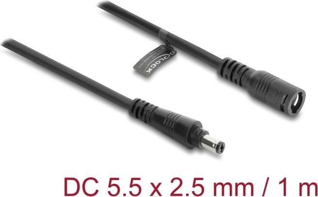 Delock DC Verlängerungskabel 5,5 x 2,5 mm Stecker zu Buchse mit Bajonettverschluss 18 AWG, 1 m schwarz (67392)