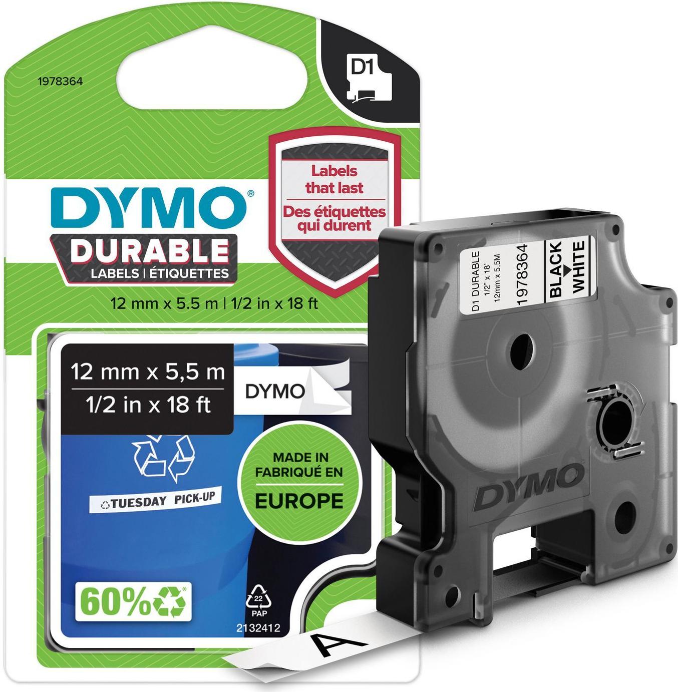 DYMO D1 Durable Etikettenband 12 mm x 5,5 m Schwarz auf Weiß
